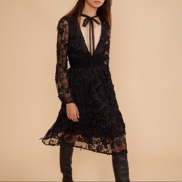 NEW Cynthia Rowley Harlow Tie Front Vneck Black Lace Midi Long Sleeve Woman’s 4 - Picture 11 of 13